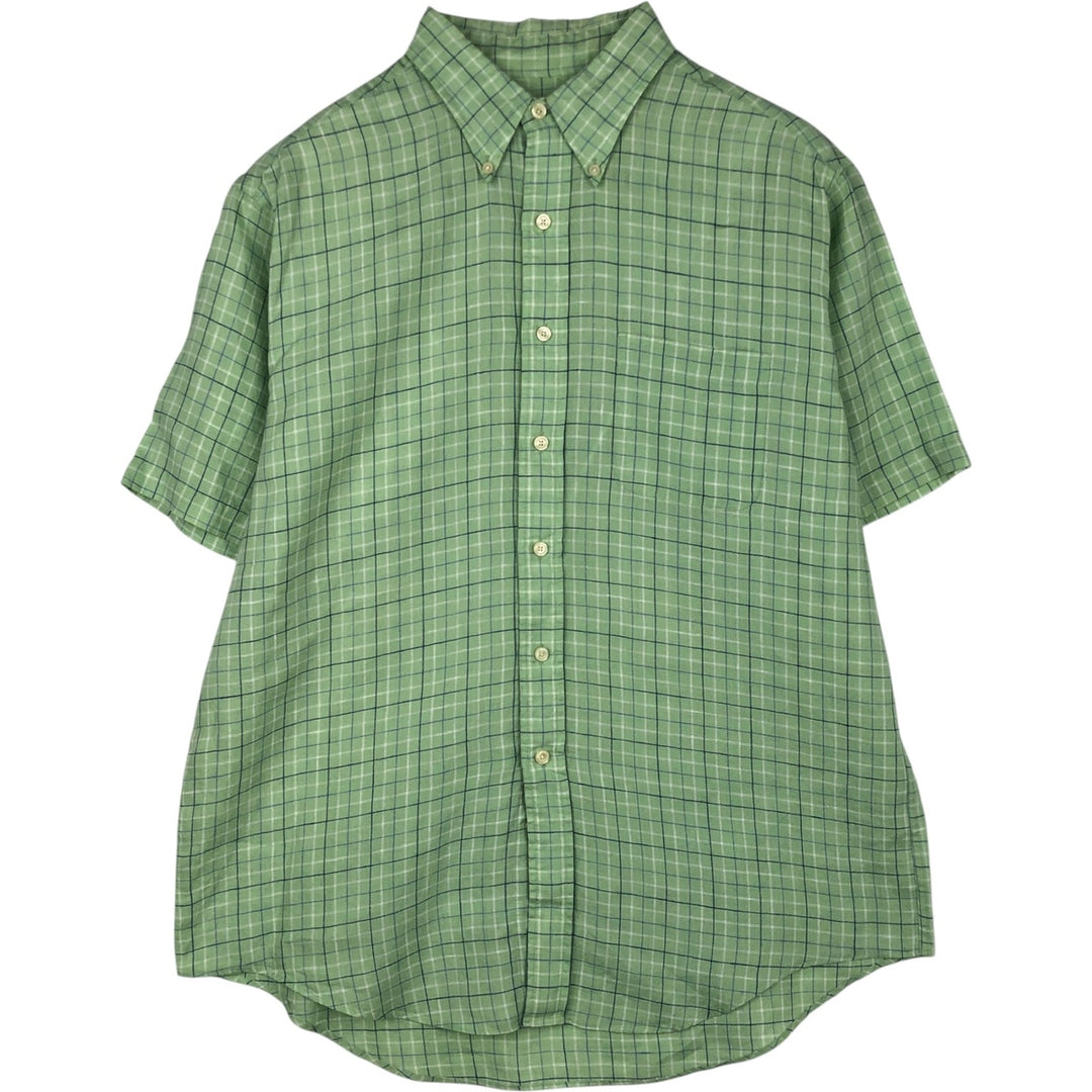 Brooks Brothers Est.1818 Check Pattern Short-Sleeve Linen Button-Down Shirt, Men's Size L (approx.) linen green type yellow green Vintage Second Hand