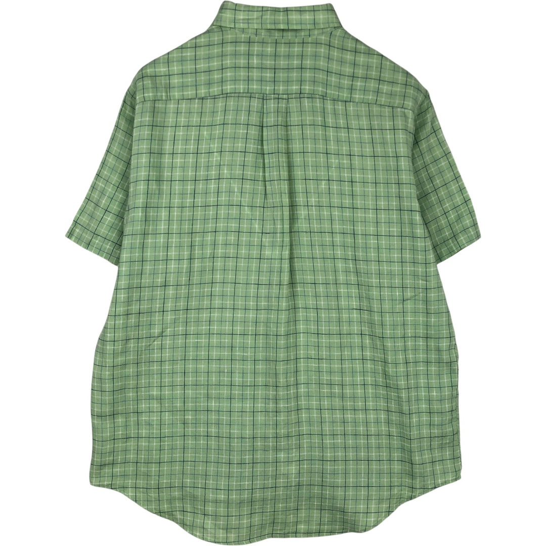 Brooks Brothers Est.1818 Check Pattern Short-Sleeve Linen Button-Down Shirt, Men's Size L (approx.) linen green type yellow green Vintage Second Hand