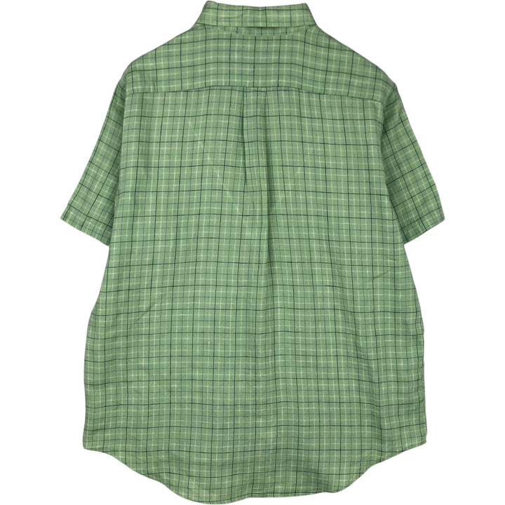 Brooks Brothers Est.1818 Check Pattern Short-Sleeve Linen Button-Down Shirt, Men's Size L (approx.) linen green type yellow green Vintage Second Hand