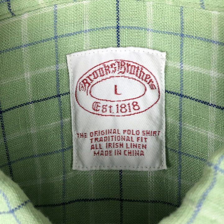 Brooks Brothers Est.1818 Check Pattern Short-Sleeve Linen Button-Down Shirt, Men's Size L (approx.) linen green type yellow green Vintage Second Hand