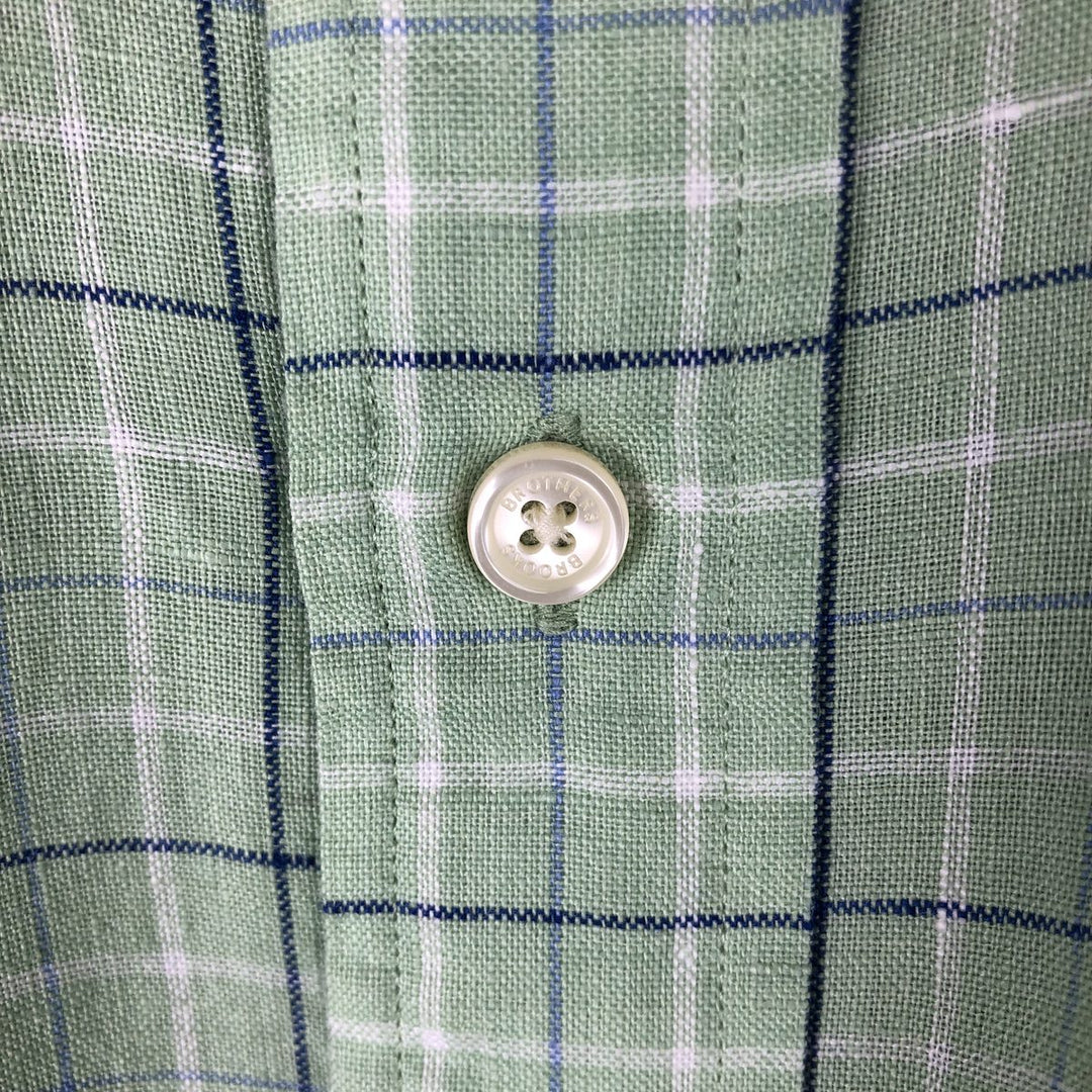 Brooks Brothers Est.1818 Check Pattern Short-Sleeve Linen Button-Down Shirt, Men's Size L (approx.) linen green type yellow green Vintage Second Hand