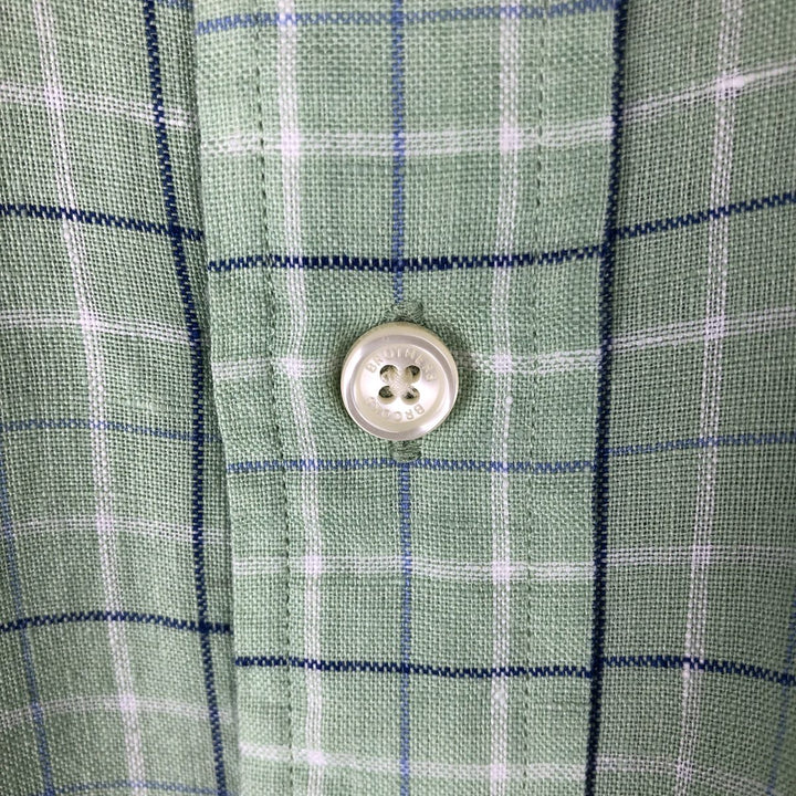 Brooks Brothers Est.1818 Check Pattern Short-Sleeve Linen Button-Down Shirt, Men's Size L (approx.) linen green type yellow green Vintage Second Hand