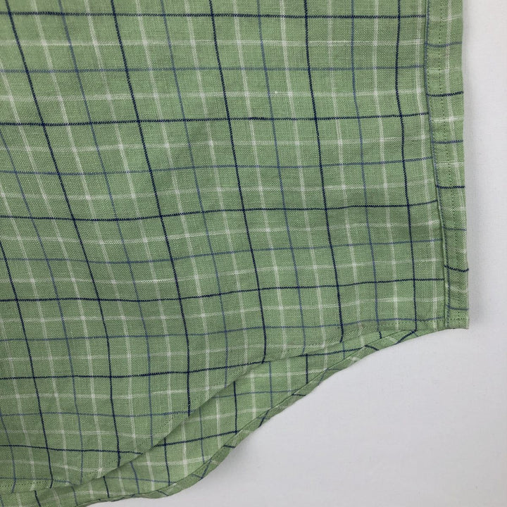 Brooks Brothers Est.1818 Check Pattern Short-Sleeve Linen Button-Down Shirt, Men's Size L (approx.) linen green type yellow green Vintage Second Hand