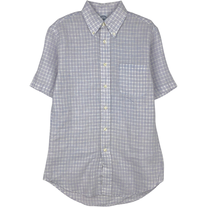 Brooks Brothers 1818 REGENT Check Pattern Short-Sleeve Linen Button-Down Shirt (Men's Size S) linen white type Vintage Second Hand