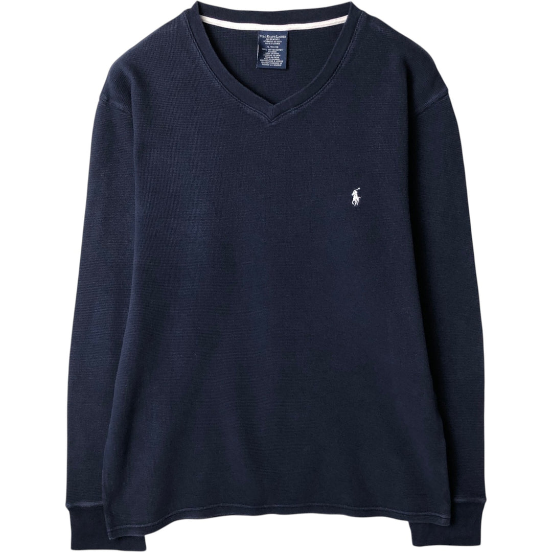 Ralph Lauren POLO RALPH LAUREN SLEEPWEAR V-neck Thermal Long-Sleeve T-shirt, Waffle Knit, Men's Size XL (approx.) cotton navy blue type Vintage Second Hand