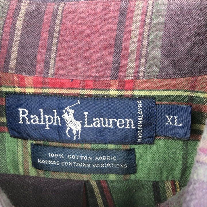 Ralph Lauren Madras Check Long Sleeve Button-Down Check Shirt, Men's XL cotton Red type red-purple Vintage Second Hand