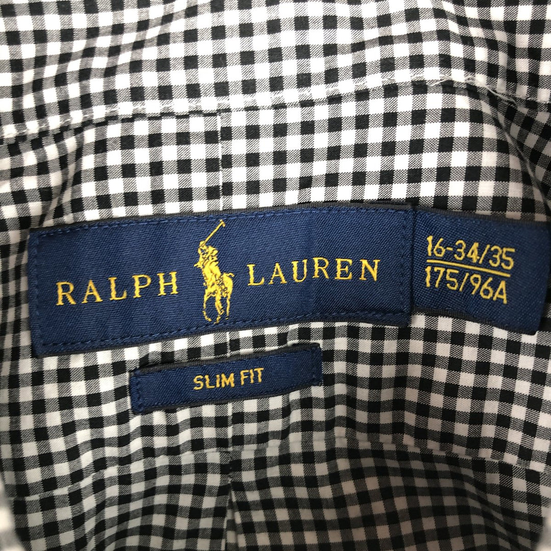 Ralph Lauren Slim Fit Gingham Check Long-Sleeve Button-Down Check Shirt, Men's Size L (approx.) cotton black type Vintage Second Hand
