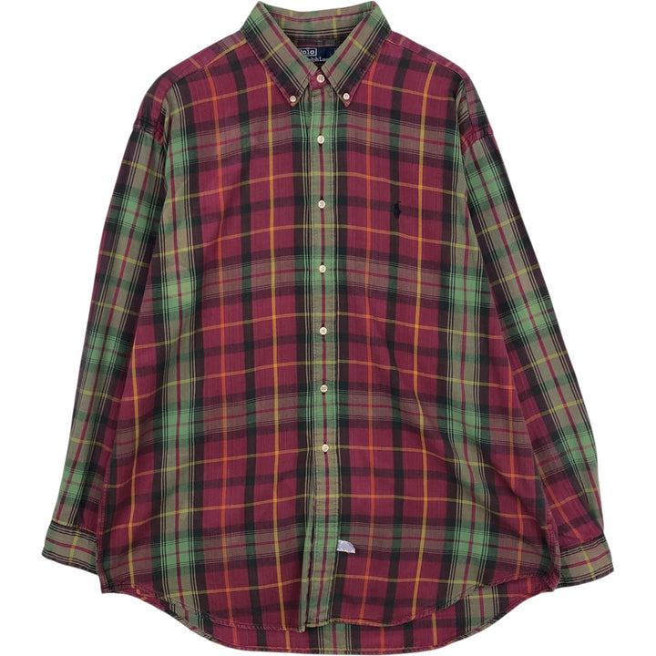 Ralph Lauren POLO by Ralph Lauren long-sleeved button-down check shirt, men's size XL cotton Red type red-purple Vintage Second Hand