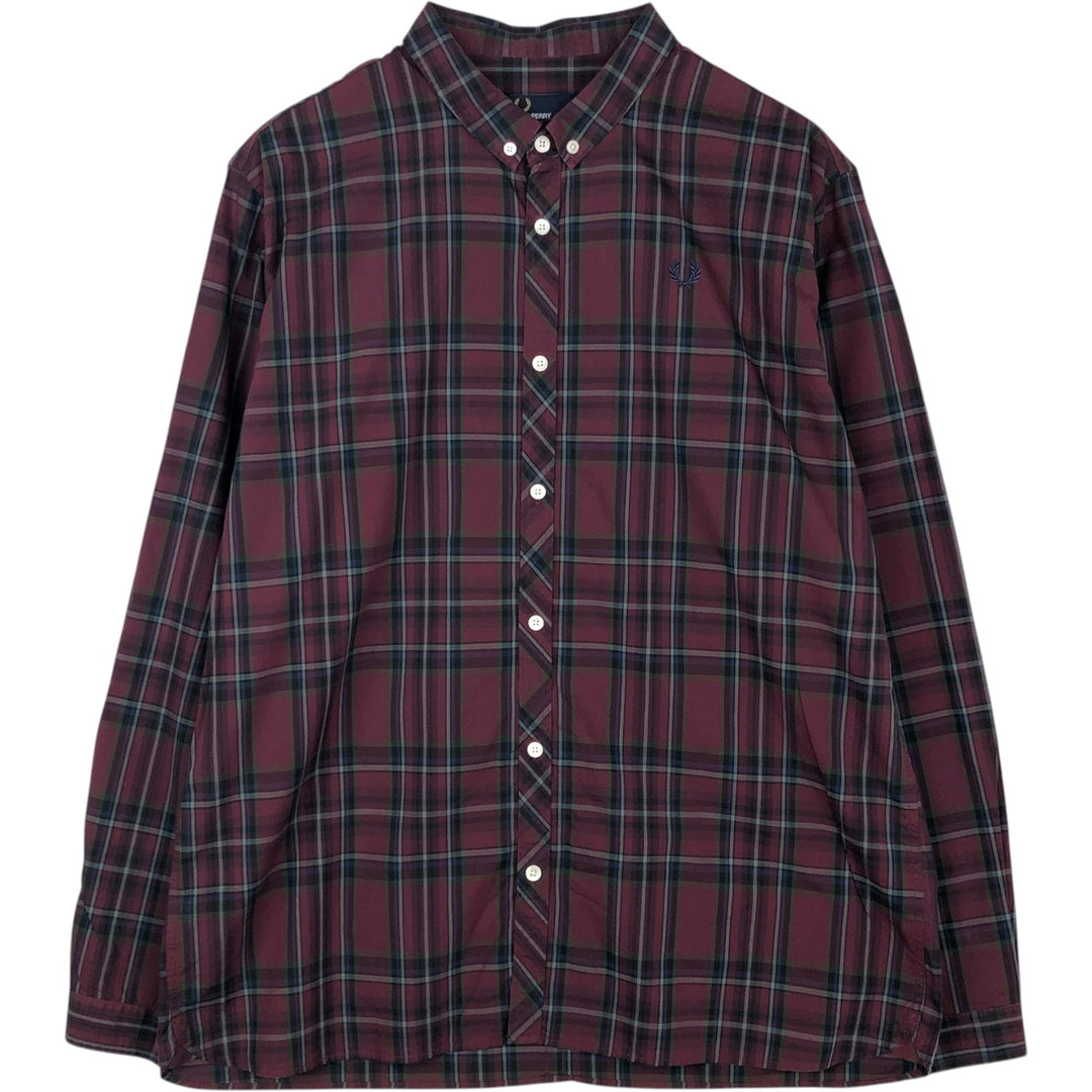Fred Perry Slim Fit Long Sleeve Button-Down Check Shirt, Men's Size XL (approx.) cotton burgundy type Vintage Second Hand