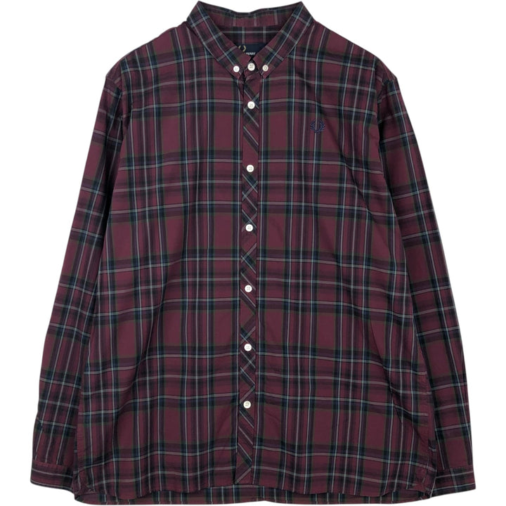 Fred Perry Slim Fit Long Sleeve Button-Down Check Shirt, Men's Size XL (approx.) cotton burgundy type Vintage Second Hand