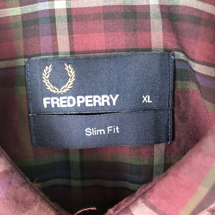 Fred Perry Slim Fit Long Sleeve Button-Down Check Shirt, Men's Size XL (approx.) cotton burgundy type Vintage Second Hand
