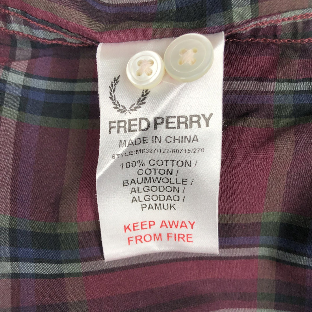Fred Perry Slim Fit Long Sleeve Button-Down Check Shirt, Men's Size XL (approx.) cotton burgundy type Vintage Second Hand