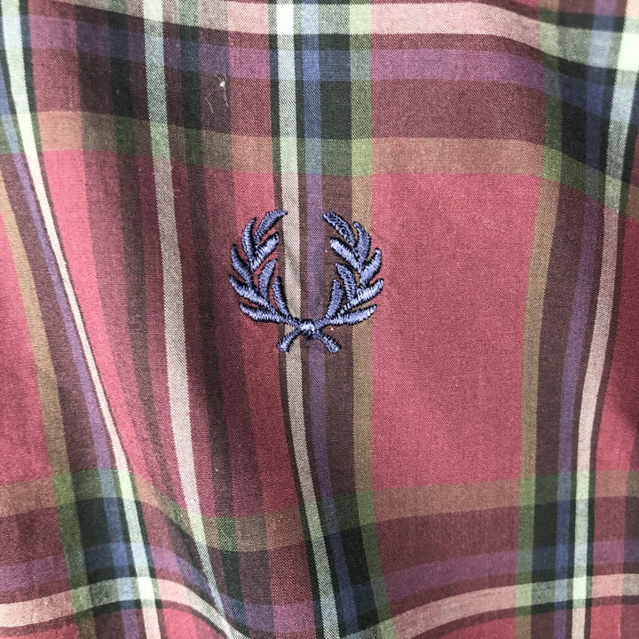 Fred Perry Slim Fit Long Sleeve Button-Down Check Shirt, Men's Size XL (approx.) cotton burgundy type Vintage Second Hand