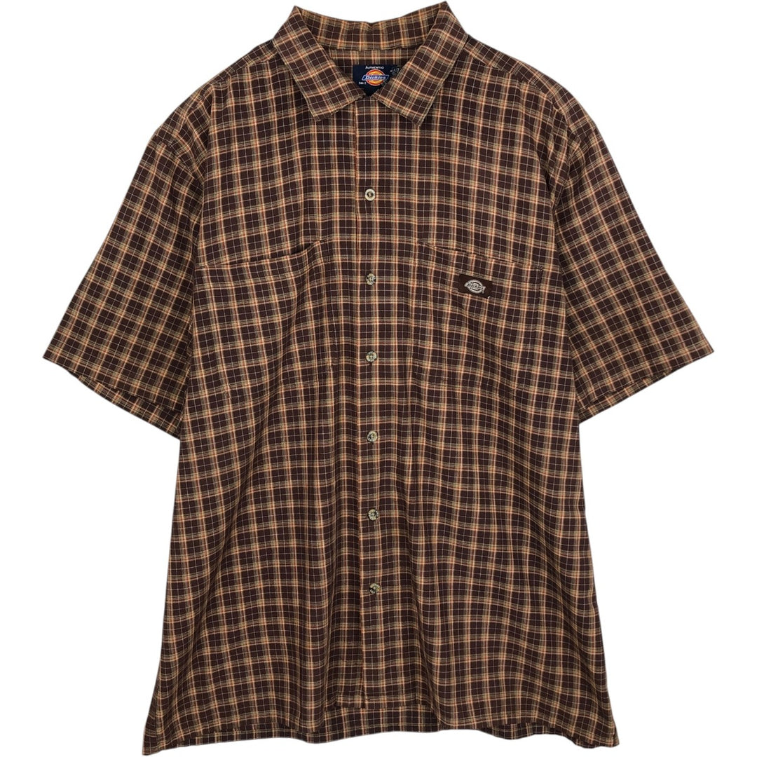 Dickies Check Pattern Short Sleeve Work Shirt Box Shirt Men's L size cotton brown type Vintage Second Hand