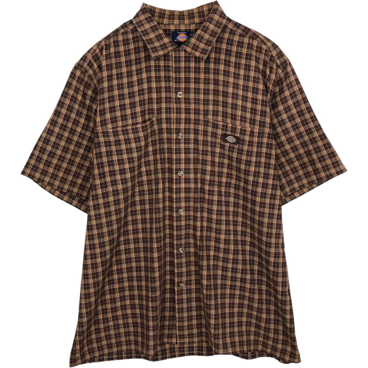 Dickies Check Pattern Short Sleeve Work Shirt Box Shirt Men's L size cotton brown type Vintage Second Hand