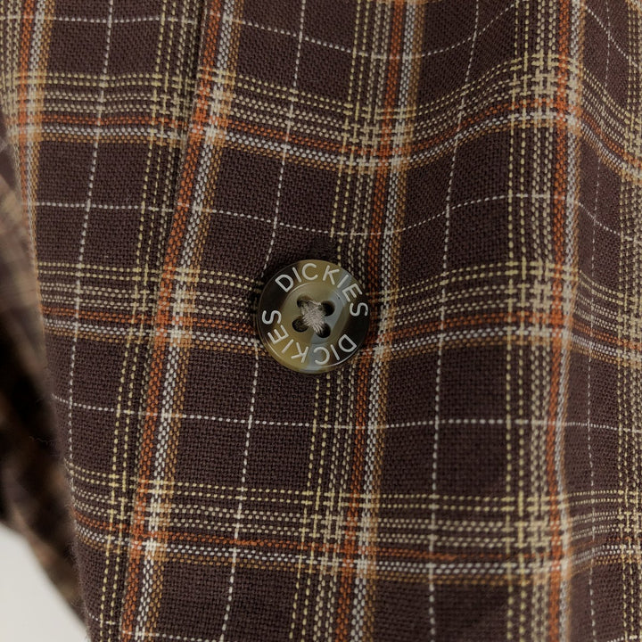 Dickies Check Pattern Short Sleeve Work Shirt Box Shirt Men's L size cotton brown type Vintage Second Hand