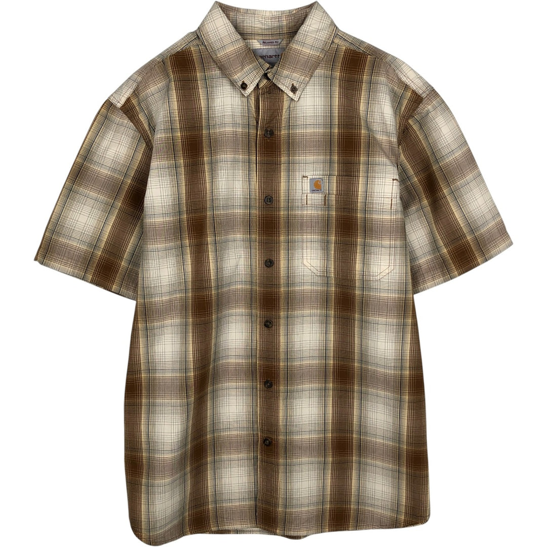 Carhartt Relaxed Fit Check Pattern Short-Sleeve Work Shirt, Men's Size L (equivalent), Button-Down cotton beige type brown Vintage Second Hand