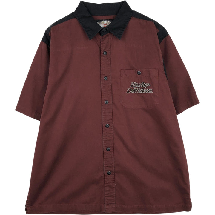 Harley-Davidson Short Sleeve Work Shirt Box Shirt Men's XL cotton wine-red Vintage Second Hand