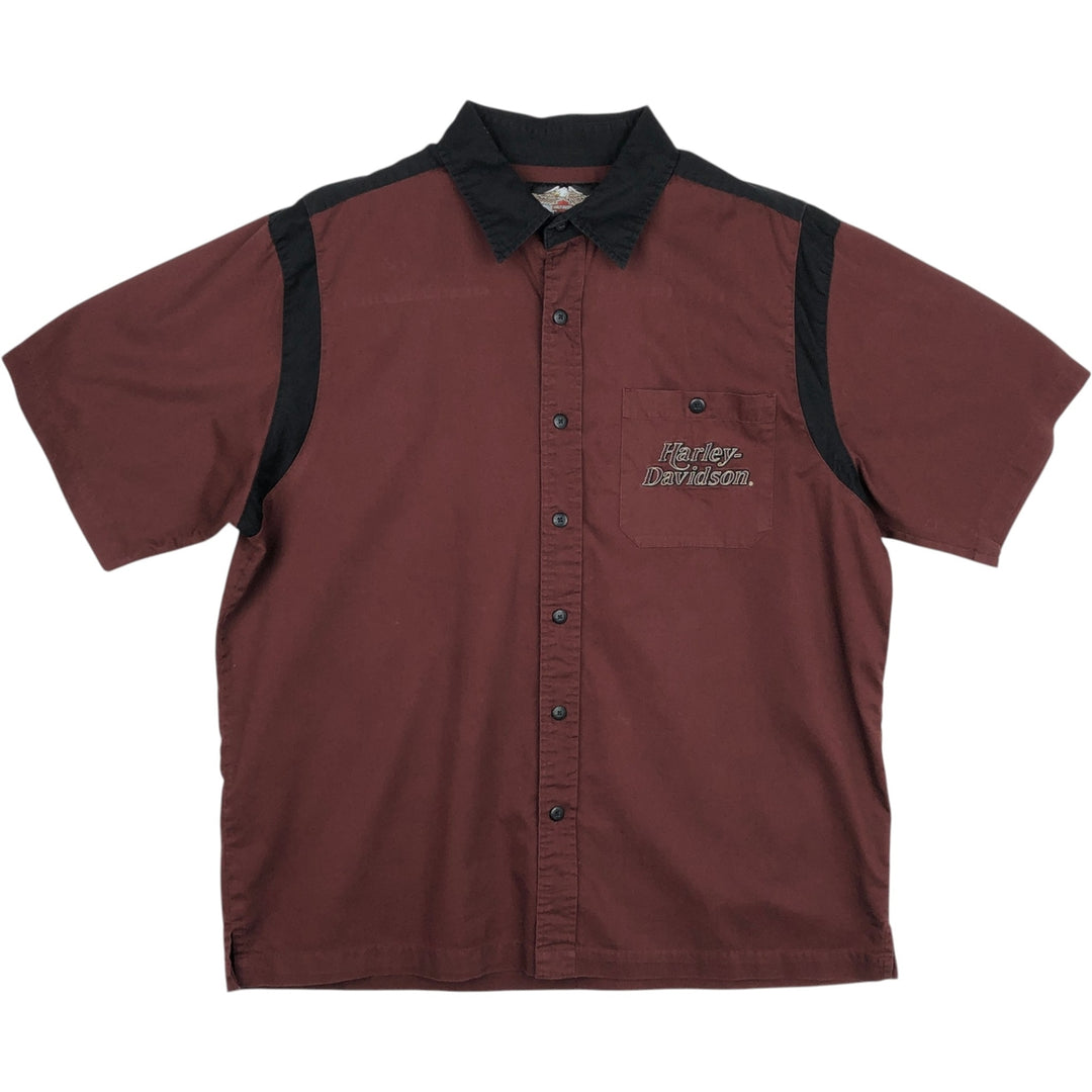 Harley-Davidson Short Sleeve Work Shirt Box Shirt Men's XL cotton wine-red Vintage Second Hand