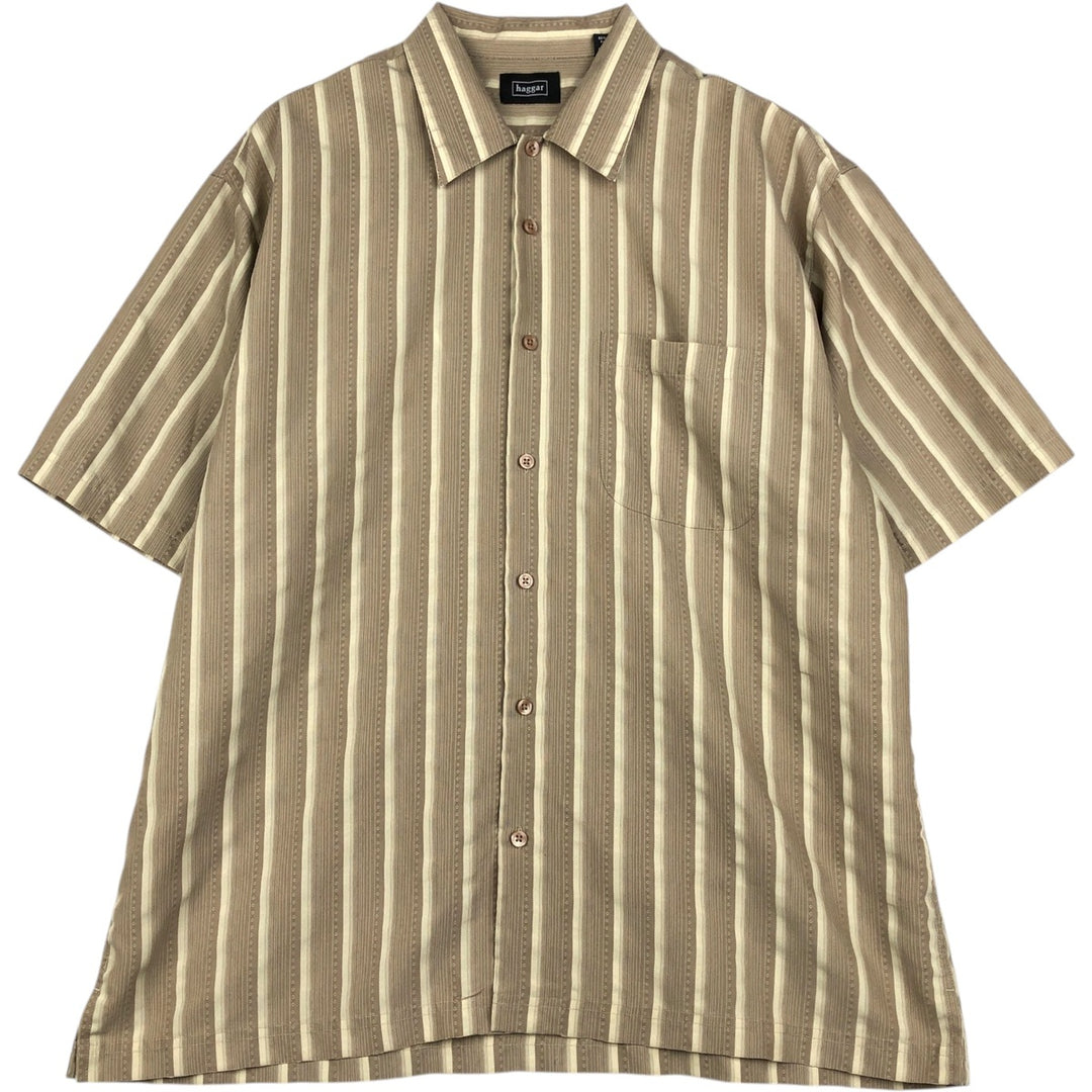 HAGGAR Stripe Pattern Multi-Stripe Short-Sleeve Polynosic x Poly Shirt Box Shirt Men's Size L (approx.) Polynosic Khaki type beige Vintage Second Hand