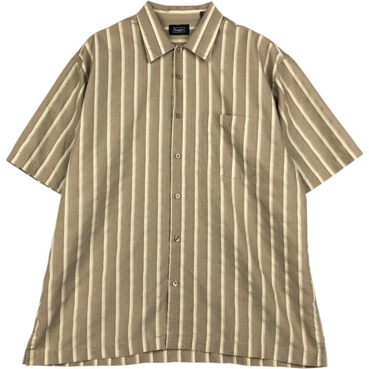 HAGGAR Stripe Pattern Multi-Stripe Short-Sleeve Polynosic x Poly Shirt Box Shirt Men's Size L (approx.) Polynosic Khaki type beige Vintage Second Hand