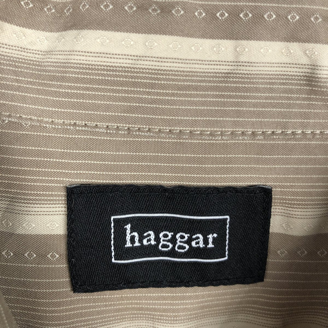 HAGGAR Stripe Pattern Multi-Stripe Short-Sleeve Polynosic x Poly Shirt Box Shirt Men's Size L (approx.) Polynosic Khaki type beige Vintage Second Hand
