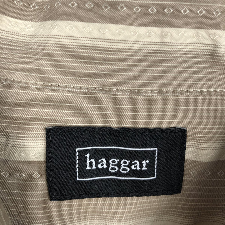 HAGGAR Stripe Pattern Multi-Stripe Short-Sleeve Polynosic x Poly Shirt Box Shirt Men's Size L (approx.) Polynosic Khaki type beige Vintage Second Hand