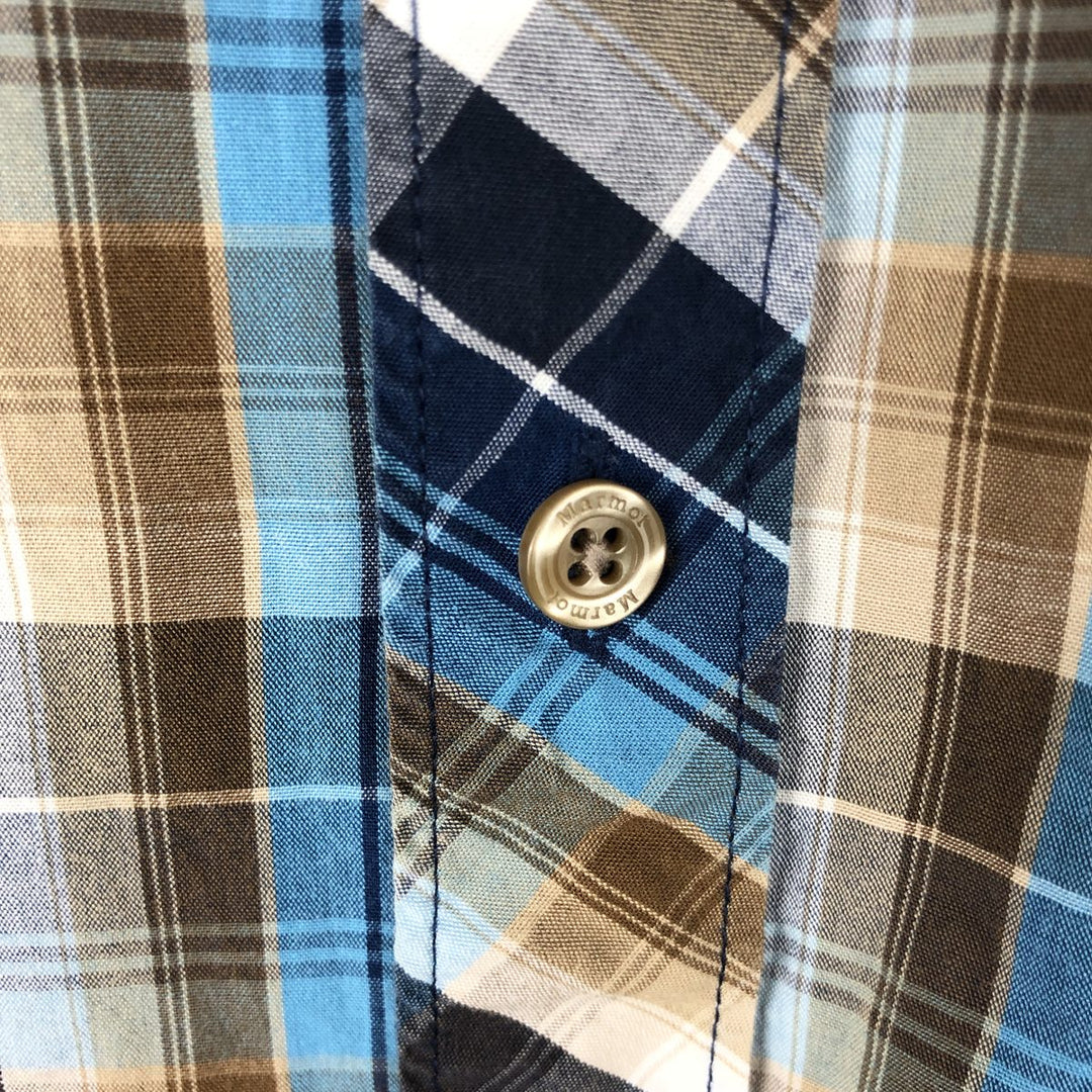 2000'S Marmot Short-Sleeve Cotton Check Shirt, Men's Size XL (approx.) Organic cotton blue type Vintage Second Hand