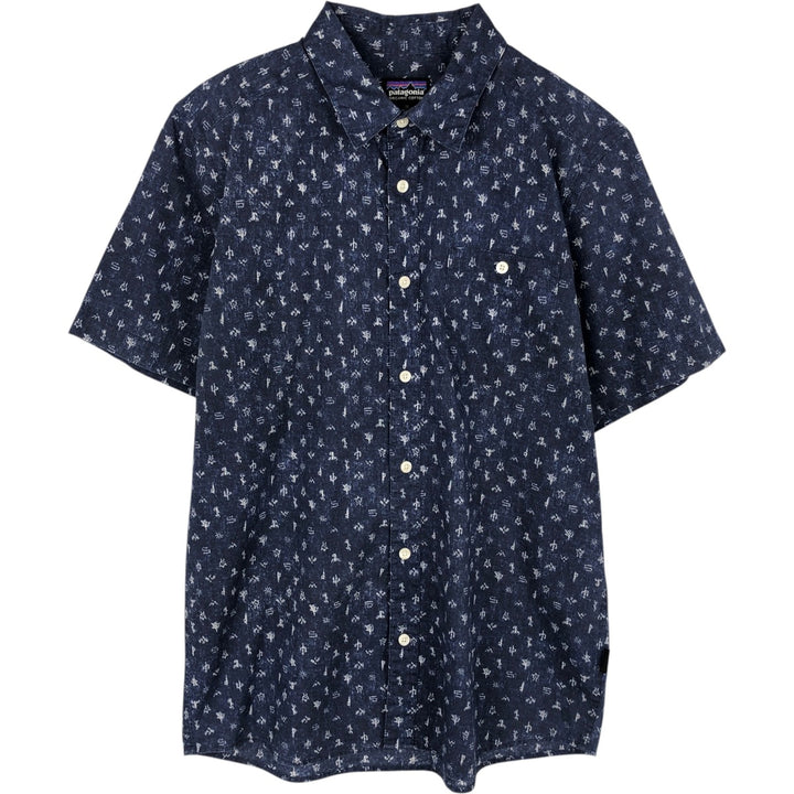 Patagonia ORGANIC COTTON Go To Shirt 52691SP16, all-over print, short-sleeved cotton shirt, men's size M equivalent. Organic cotton navy blue type Vintage Second Hand