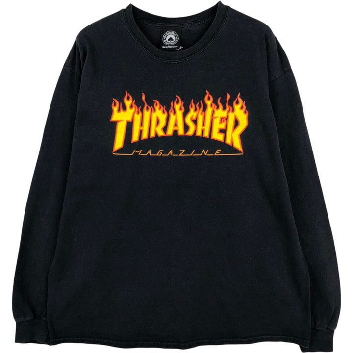Thrasher Fire Pattern Long Sleeve T-Shirt, Men's Size L cotton black type Vintage Second Hand