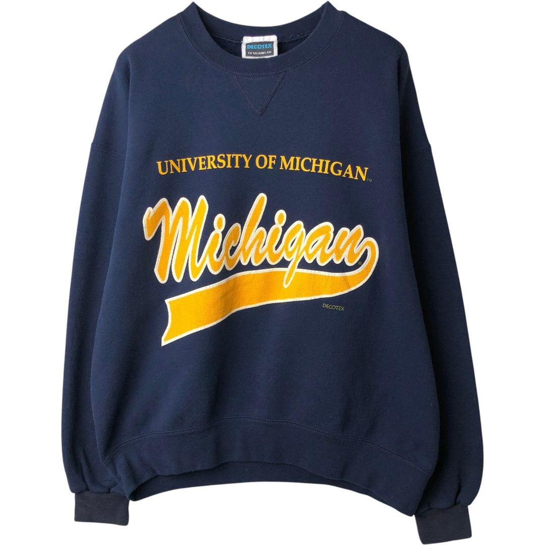 90'S DECOTEX DESIGNWEAR University of Michigan College Sweatshirt, Made in USA, Men's Size L (approx.), Vintage MICHIGAN cotton navy blue type Vintage Second Hand