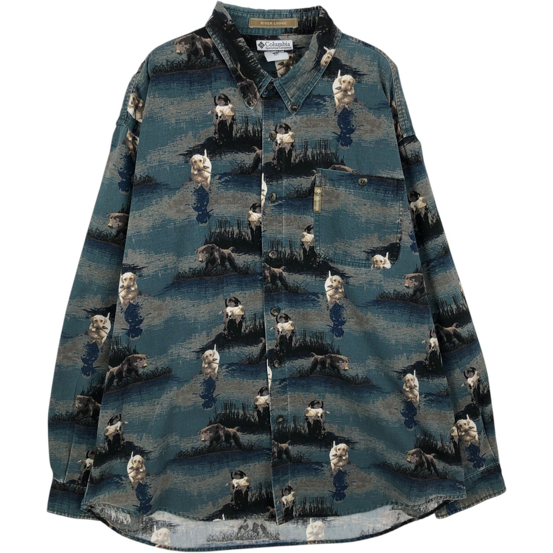 2000'S Columbia RIVER LODGE all-over dog print long-sleeved button-down shirt, men's size L (approx.) cotton green type Vintage Second Hand