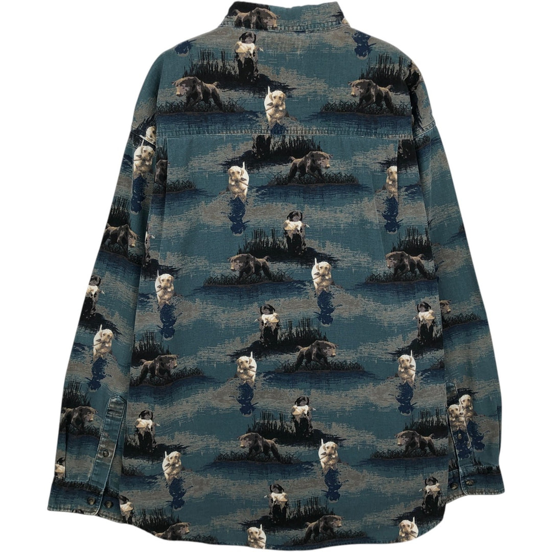2000'S Columbia RIVER LODGE all-over dog print long-sleeved button-down shirt, men's size L (approx.) cotton green type Vintage Second Hand