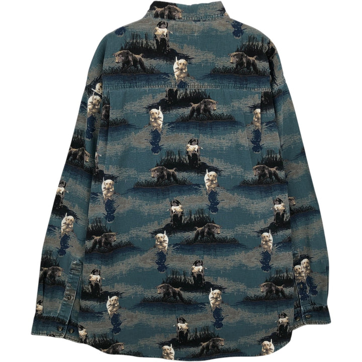 2000'S Columbia RIVER LODGE all-over dog print long-sleeved button-down shirt, men's size L (approx.) cotton green type Vintage Second Hand