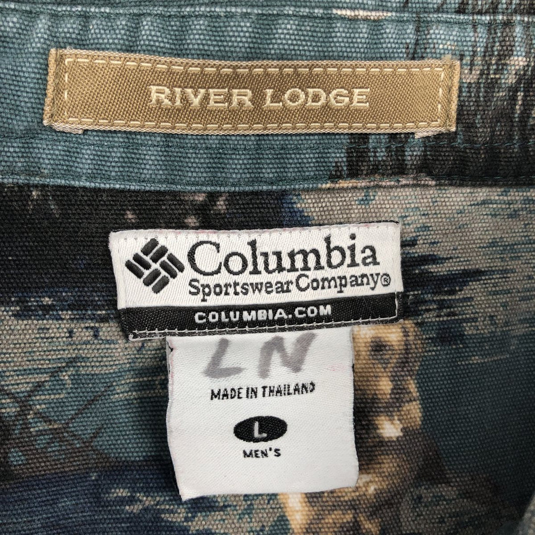 2000'S Columbia RIVER LODGE all-over dog print long-sleeved button-down shirt, men's size L (approx.) cotton green type Vintage Second Hand