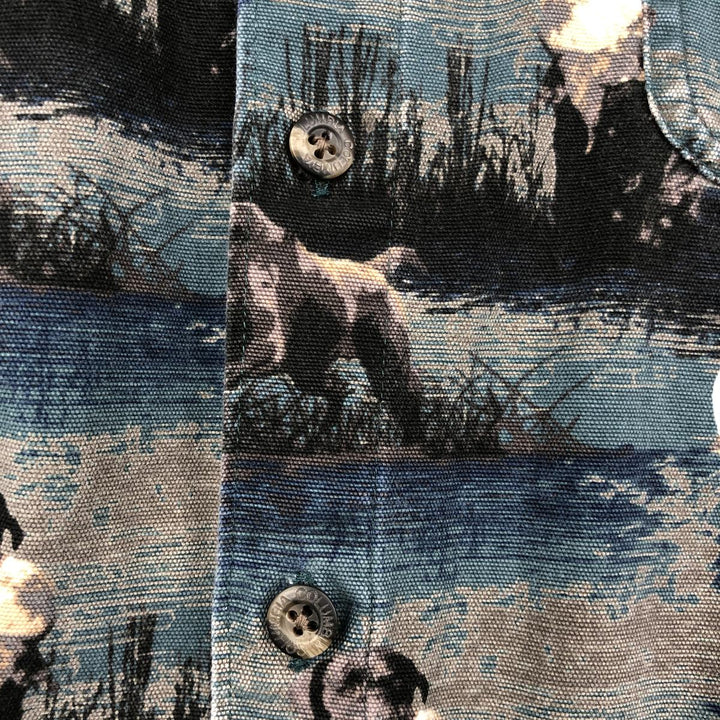 2000'S Columbia RIVER LODGE all-over dog print long-sleeved button-down shirt, men's size L (approx.) cotton green type Vintage Second Hand