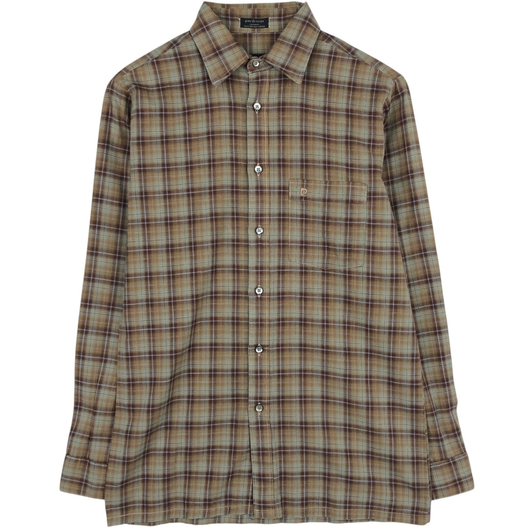 Pierre Cardin Long-Sleeve Cotton Check Shirt, Boxy Fit, Men's Size M cotton brown type Vintage Second Hand