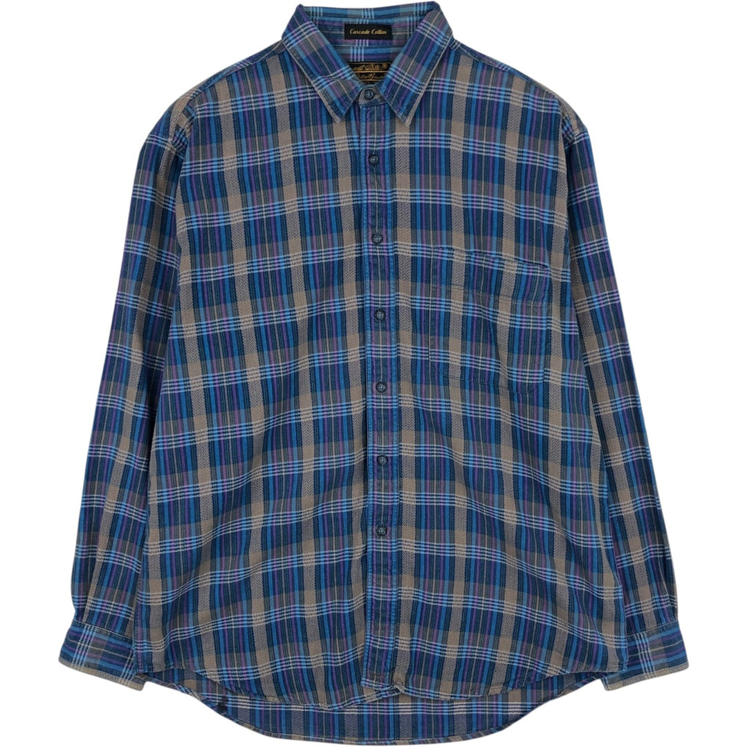 80s-90'S Eddie Bauer Black Tag Herringbone Long-Sleeve Cotton Check Shirt, Men's Size L (Equivalent), Vintage cotton blue type Vintage Second Hand