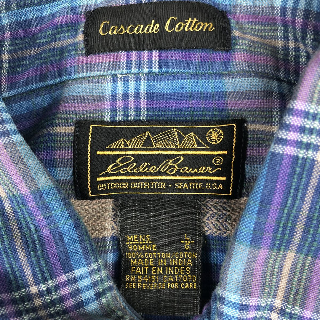 80s-90'S Eddie Bauer Black Tag Herringbone Long-Sleeve Cotton Check Shirt, Men's Size L (Equivalent), Vintage cotton blue type Vintage Second Hand
