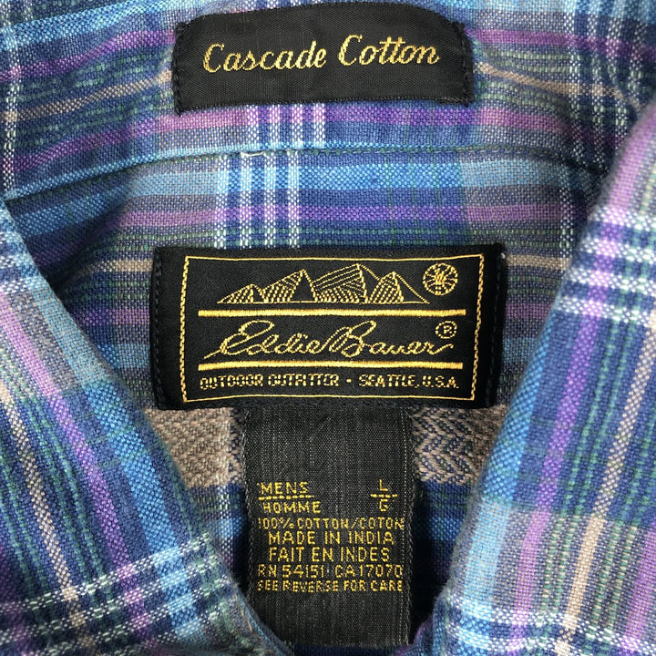 80s-90'S Eddie Bauer Black Tag Herringbone Long-Sleeve Cotton Check Shirt, Men's Size L (Equivalent), Vintage cotton blue type Vintage Second Hand