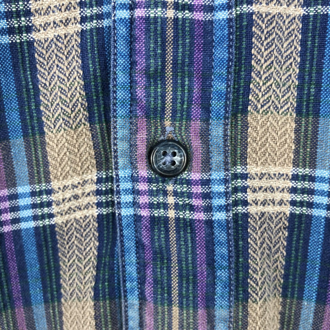 80s-90'S Eddie Bauer Black Tag Herringbone Long-Sleeve Cotton Check Shirt, Men's Size L (Equivalent), Vintage cotton blue type Vintage Second Hand