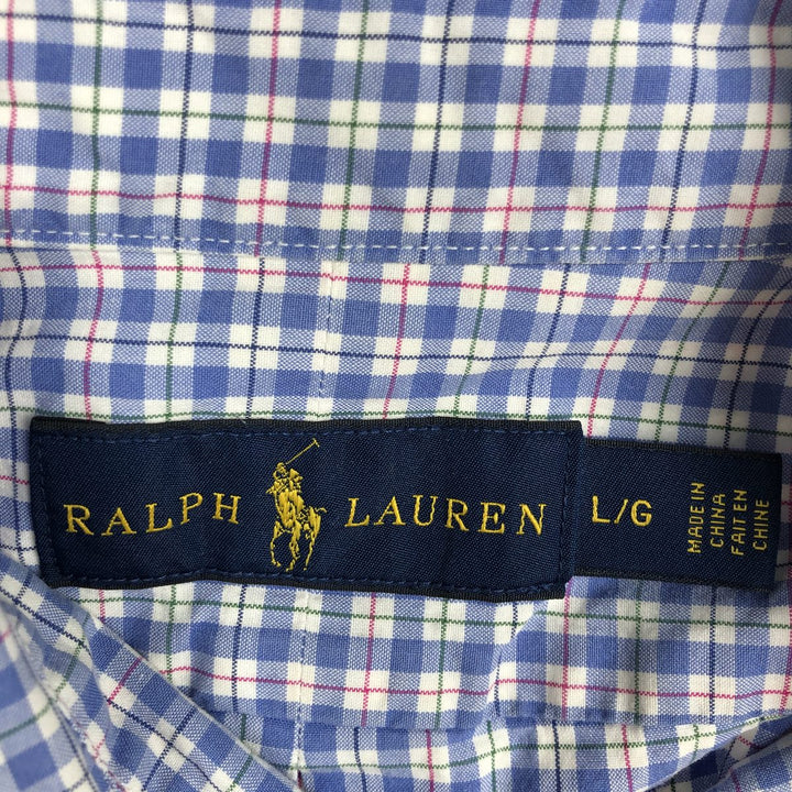 Ralph Lauren short sleeve button down check shirt, men's size L cotton blue type Vintage Second Hand