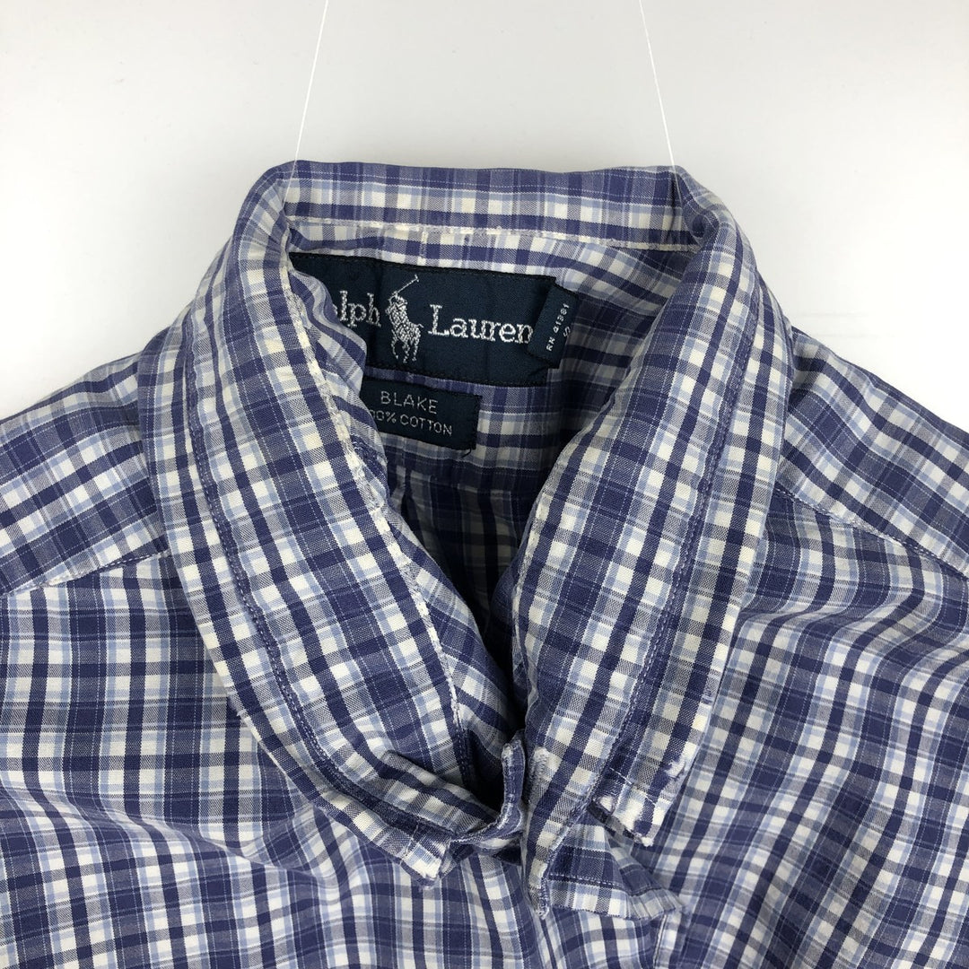 Ralph Lauren BLAKE short sleeve button down check shirt, men's size M cotton navy blue type Vintage Second Hand