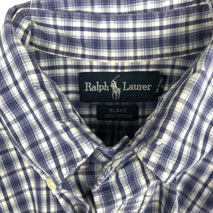 Ralph Lauren BLAKE short sleeve button down check shirt, men's size M cotton navy blue type Vintage Second Hand