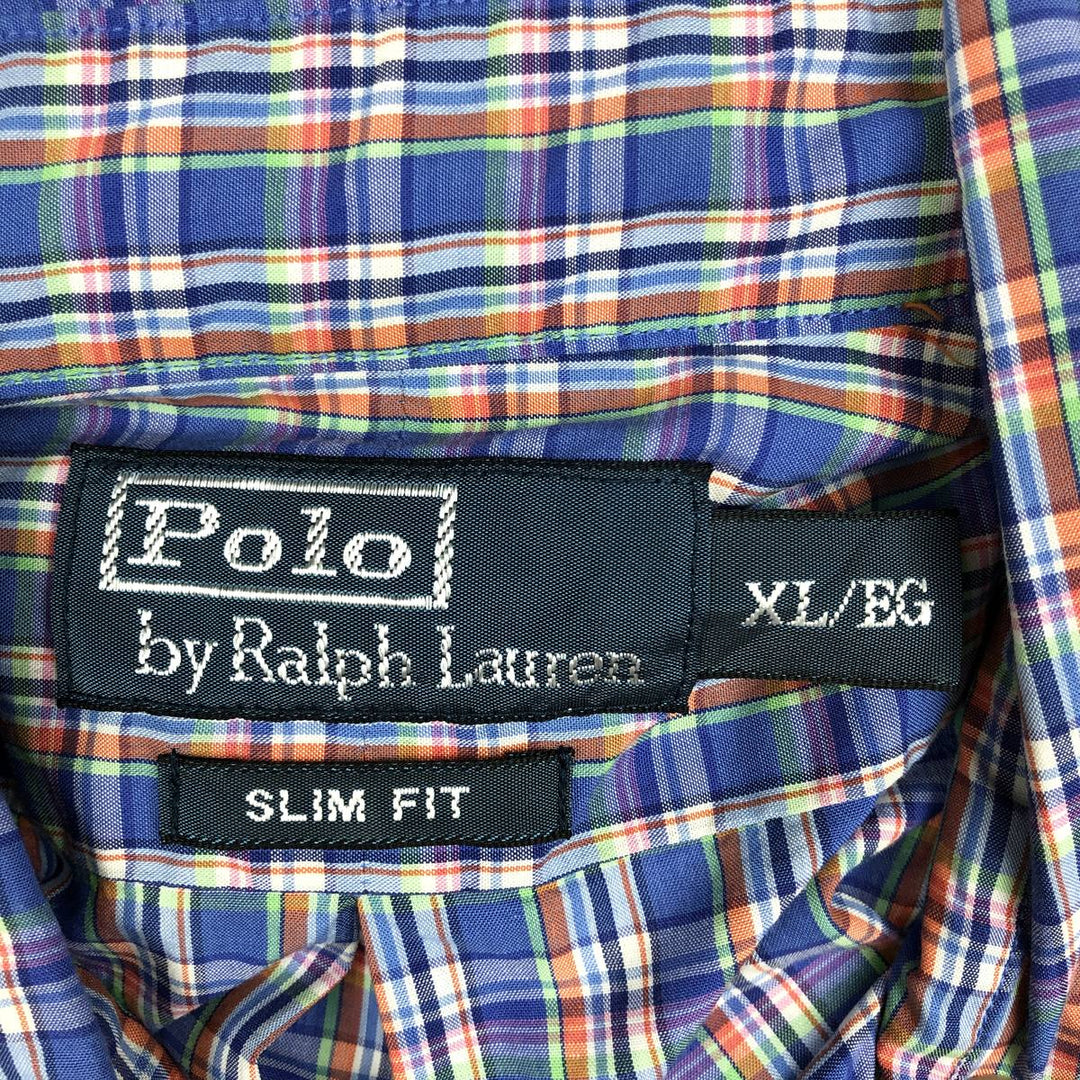 Ralph Lauren POLO by Ralph Lauren Slim Fit Short-Sleeve Button-Down Check Shirt, Men's Size XL (approx.) cotton navy blue type Vintage Second Hand