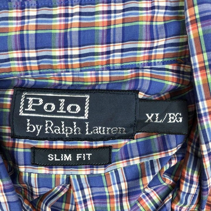Ralph Lauren POLO by Ralph Lauren Slim Fit Short-Sleeve Button-Down Check Shirt, Men's Size XL (approx.) cotton navy blue type Vintage Second Hand
