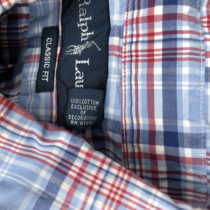Ralph Lauren Classic Fit short sleeve button down check shirt, men's size L cotton blue type Vintage Second Hand