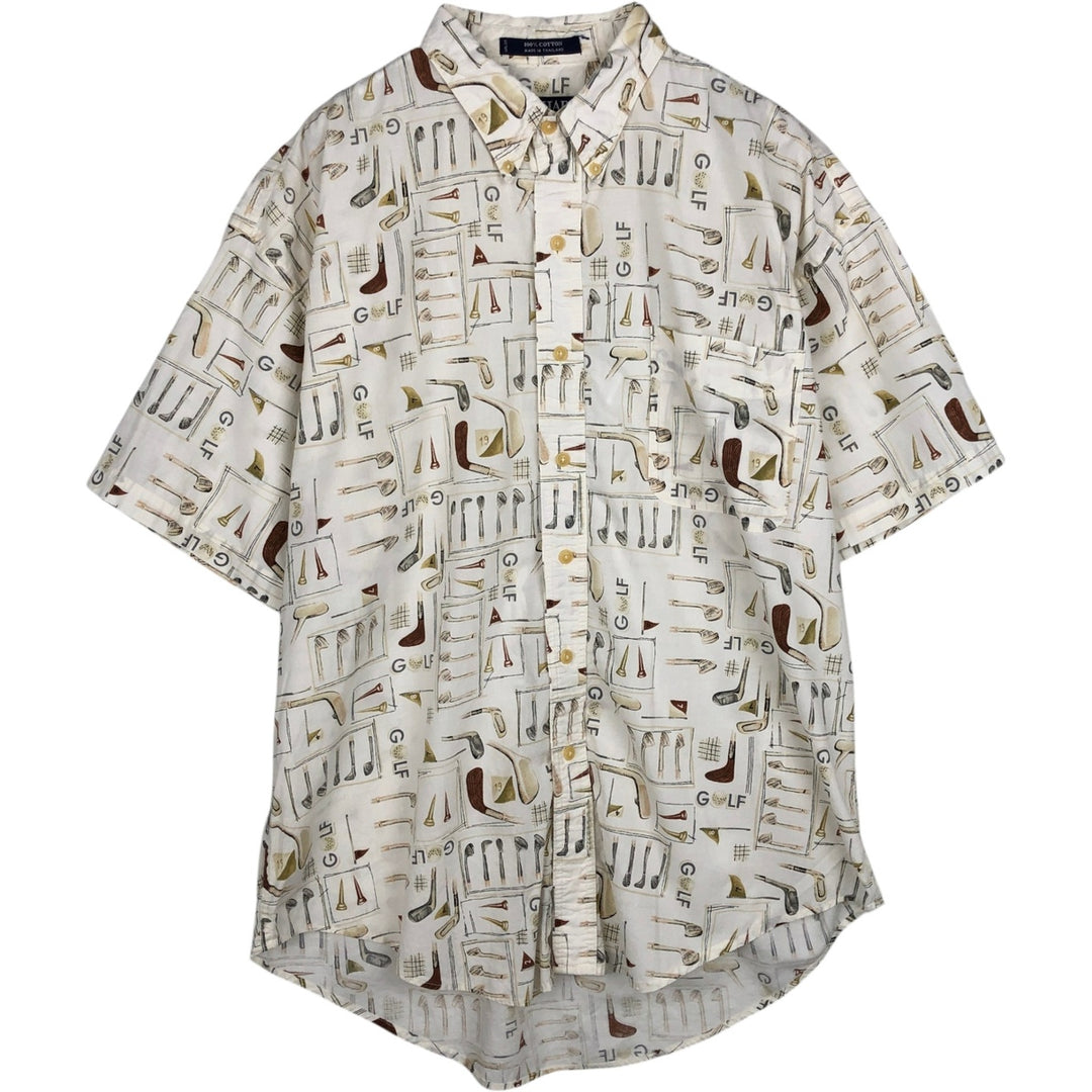 Ralph Lauren CHAPS short-sleeved button-down shirt with all-over golf pattern, men's size L (approx.) cotton white type Vintage Second Hand