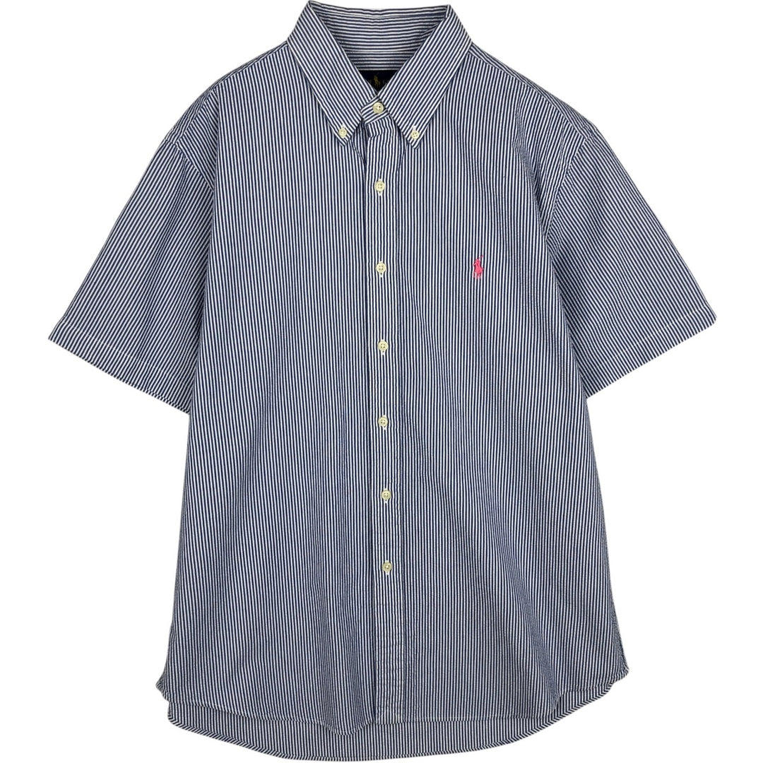 Ralph Lauren Seersucker Short Sleeve Button-Down Striped Shirt, Men's Size L cotton navy blue type Vintage Second Hand