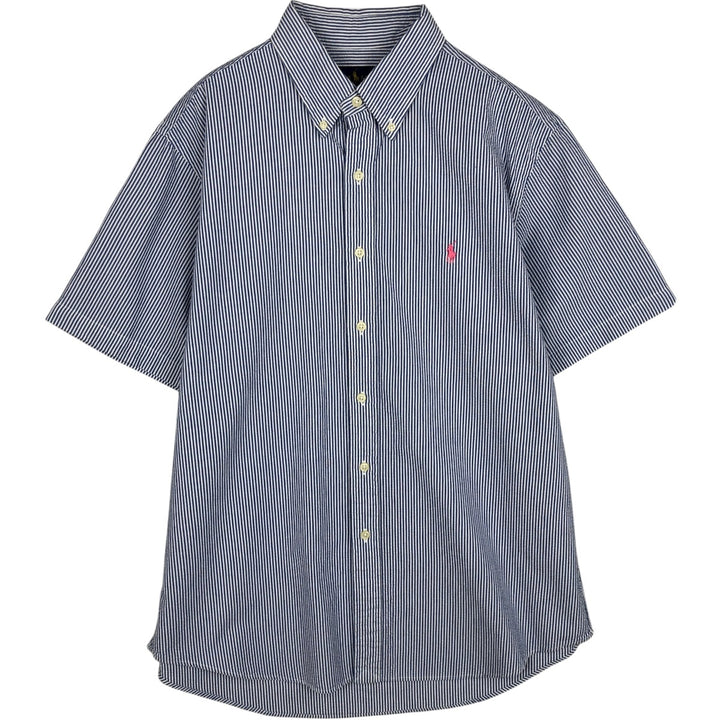 Ralph Lauren Seersucker Short Sleeve Button-Down Striped Shirt, Men's Size L cotton navy blue type Vintage Second Hand